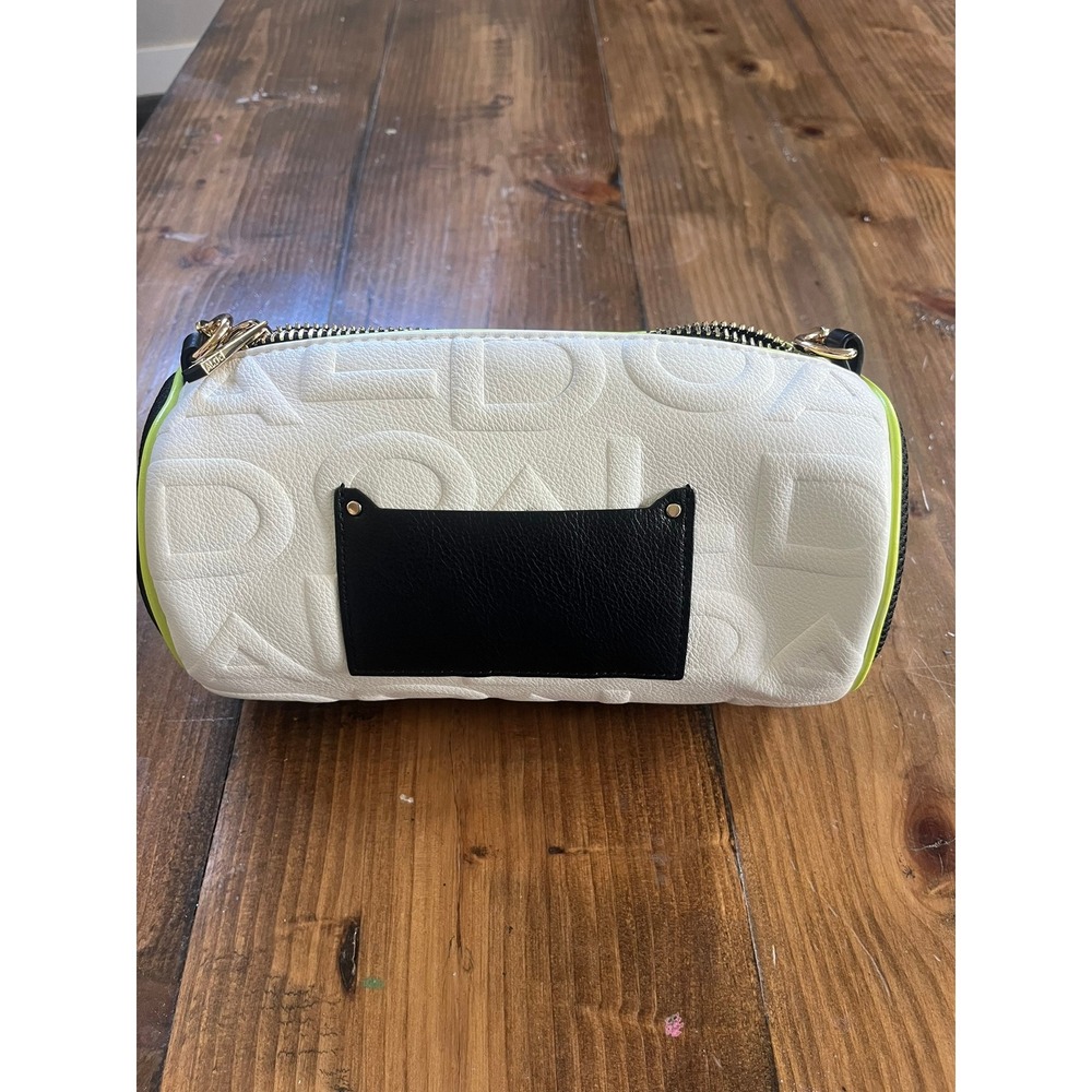 Aldo White Embossed Logo Barrel Crossbody Bag Neon Lime Green Trim Gold Chain